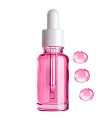 pink serum bottle with dropper and serum drops on white background.