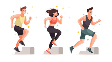Step workout fitness training people exercising aerobic activity colorful characters jumping on gym steps modern sportswear isolated white background website banner