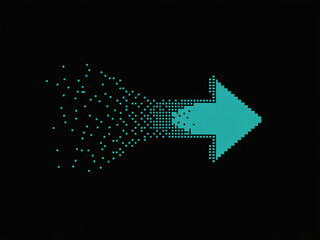 Dynamic pixelated arrow dissolves into digital data stream, representing progress and forward motion in technology and data.