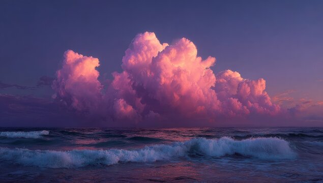 Pink cumulus cloudscape over tranquil ocean waves at dusk