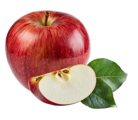 red apple with slice and leaves on transparent background
