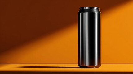 A dark, reflective beverage can stands in sharp focus against a vibrant orange wall. A diagonal beam of light creates a strong shadow and highlights the metallic texture of the can.