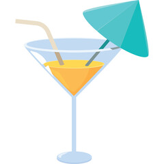 A Refreshing Orange Cocktail in a Martini Glass Garnished With a Blue Umbrella And a Straw on a Transparent Background