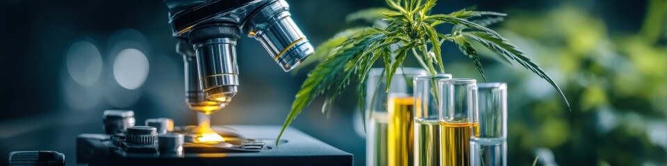 Cannabis and extracts in beakers in scientific laboratory next to microscope