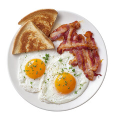 breakfast plate with bacon, eggs, and toast