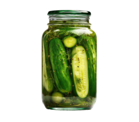 Green, whole pickles submerged in brine in clear glass jar
