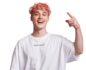 smiling man with pink hair, pointing upward.