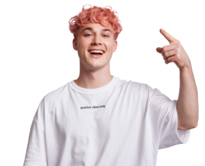 smiling man with pink hair, pointing upward.