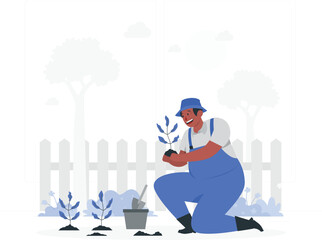 Gardener planting a small tree in a garden with a fence and plants Keywords: gardening, planting, tree, sapling, garden, yard, outdoors, nature, growth, cultivation, horticulture, agriculture