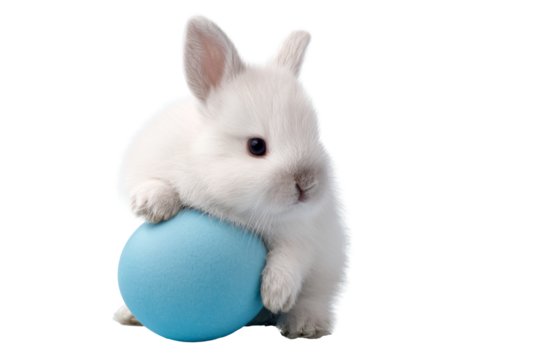 cute white rabbit with blue easter egg on transparent background