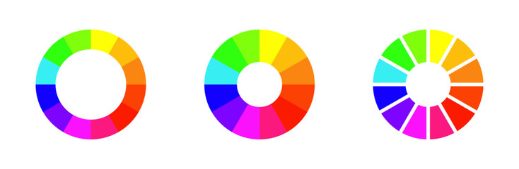 Obraz premium Color wheel or palette graphics, Colorful circular charts in gradient rainbow tones representing colorwheel, spectrum, and balance. Perfect for design, creativity, art, and visual presentation project