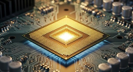 Closeup view of a golden computer processor chip on a circuit board, glowing with light, representing technology and innovation