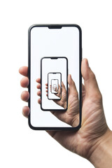 hand holding phone with infinite reflection, isolated on white.