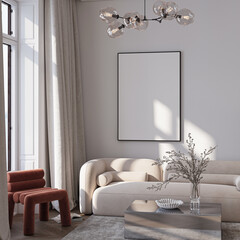 Modern Living Room Poster Frame Mockup with Natural Light and Minimalist Decoration. 3D render.