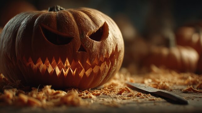 Carved mouth opening jack-o-lantern pumpkin with menacing jagged teeth surrounded by fresh orange shavings and carving knife with dramatic warm lighting creating shadows