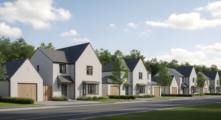 Modern new residential housing development row of houses in suburban neighborhood