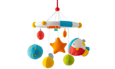 A colorful plush baby mobile with hanging star, fish and round toys in bright blue, yellow, orange, green, red and white.