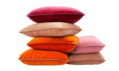 Stack of six colorful velvet throw pillows in shades of pink, peach, orange and magenta with piped edges.