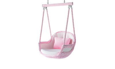 A pink woven hanging swing chair with cushions, suspended by ropes and chains for cozy, stylish lounging and decorative seating.