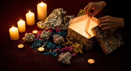 Unboxing a Gift Box Surrounded by Candles and Decorative Elements