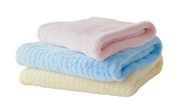 Stack of three folded pastel terrycloth towels in pink, blue, and yellow.