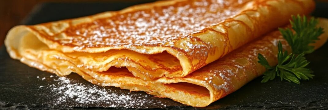 Delightful French Crepes Stack with Sweet Toppings and Powdered Sugar, Close-Up on Slate Plate