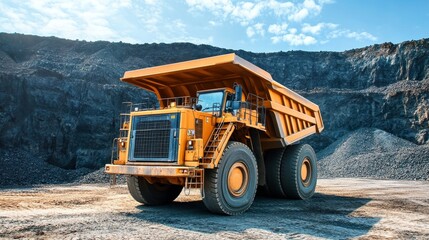Colossal Yellow Mining Truck Navigating Rugged Terrain at Open Pit Mining Operation During Daylight