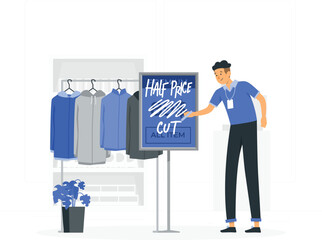 Salesperson Pointing at Sign for Half Price Cut on All Items in Clothing Store discount