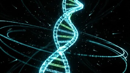 Dynamic DNA helix of binary code spins in digital space, future of biotech - Powered by Adobe