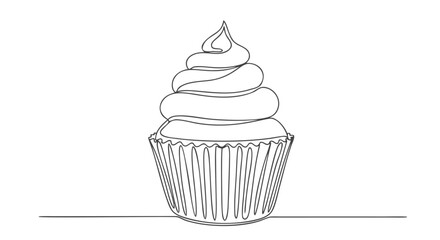 Captivating one continuous line drawing art of a delightful cupcake, beautifully illustrating the sweetness and simplicity of baked treats for various design projects and food themes