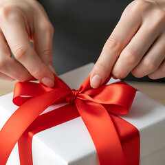 Hands tying a red satin ribbon on a white gift box