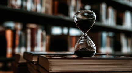 Hourglass on Bookshelf with Books in Background.