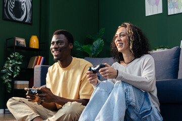 Diverse friends enjoying video game leisure time