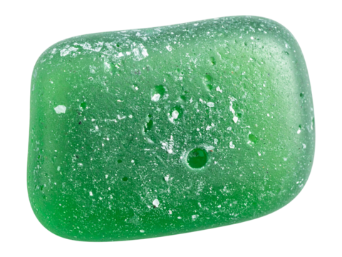 Polished green sea glass gem isolated on transparent background, close up shot