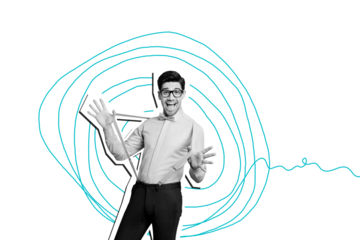 Composite photo collage of happy man dance promotion concept wear formal suspenders bow tie professional isolated on painted background