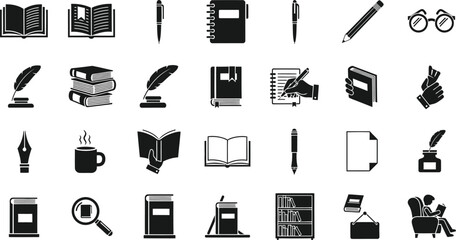 Collection of educational and literary icons representing books writing tools and reading accessories isolated on transparent background