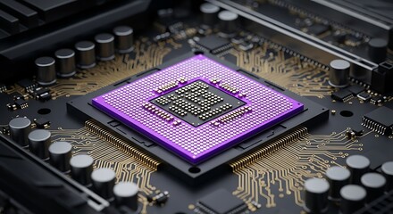 Closeup view of a modern computer processor cpu with purple accents, highlighting its intricate circuitry and components on a motherboard, representing technology and innovation