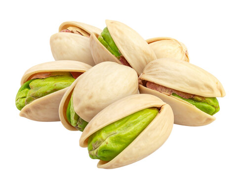 Pile of delicious pistachios isolated on transparent background, close up shot