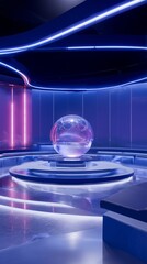 digital marketing concept Futuristic Neon Lit Room with Glowing Crystal Sphere branding presentation mockup