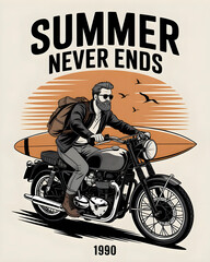 Embrace the endless summer vibe! A stylish hipster journeys on a vintage motorcycle with a surfboard, capturing the essence of freedom and beachside adventure.