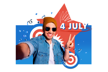 Composite collage image of selfie photo v-sign man national independence america day fourth july concept fantasy billboard comics zine