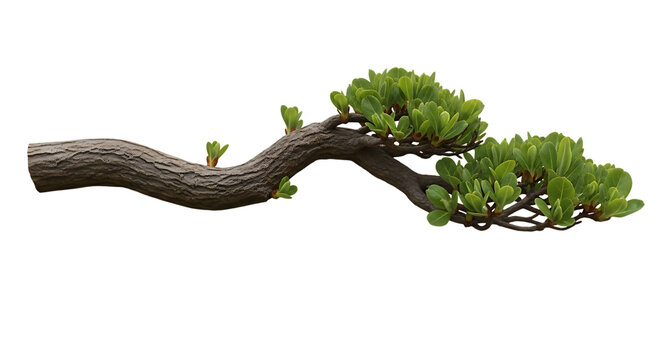Curved tree branch with green leaves on black background isolated on a transparent background