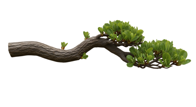 Curved tree branch with green leaves on black background isolated on a transparent background