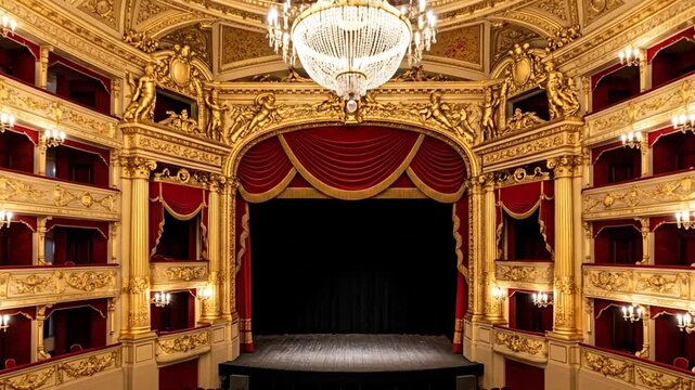 Grand opera house interior with ornate gold, red velvet seats, and stage