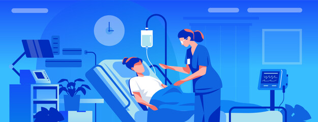 Fototapeta na wymiar Nurse caring for patient hospital room medical equipment healthcare worker monitoring intravenous therapy blue background modern clinic Fototapeta na wymiar Nurse caring for patient hospital room medical equipment healthcare worker monitoring intravenous therapy blue background modern clinic