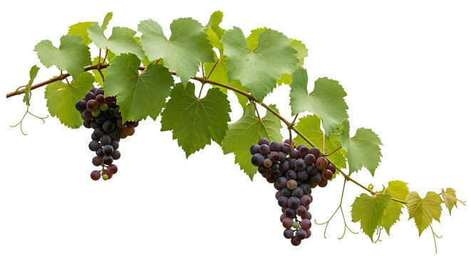 Grapevine Branch with Ripe Grapes and Green Leaves isolated on a transparent background