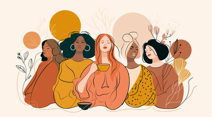 Diverse women group friendship unity relaxation floral abstract background modern flat design