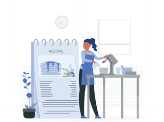 Woman baking with a stand mixer and a recipe book open to pancakes cooking