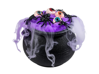 Halloween witch cauldron with eyes and spiders isolated on transparent background