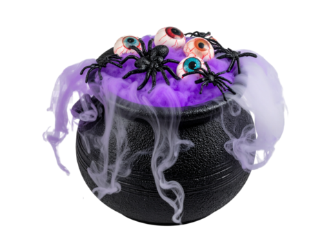 Halloween witch cauldron with eyes and spiders isolated on transparent background